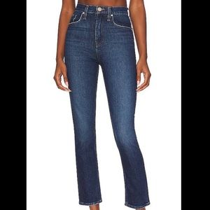 Free People high waisted dark wash straight leg jeans frayed / distressed bottom